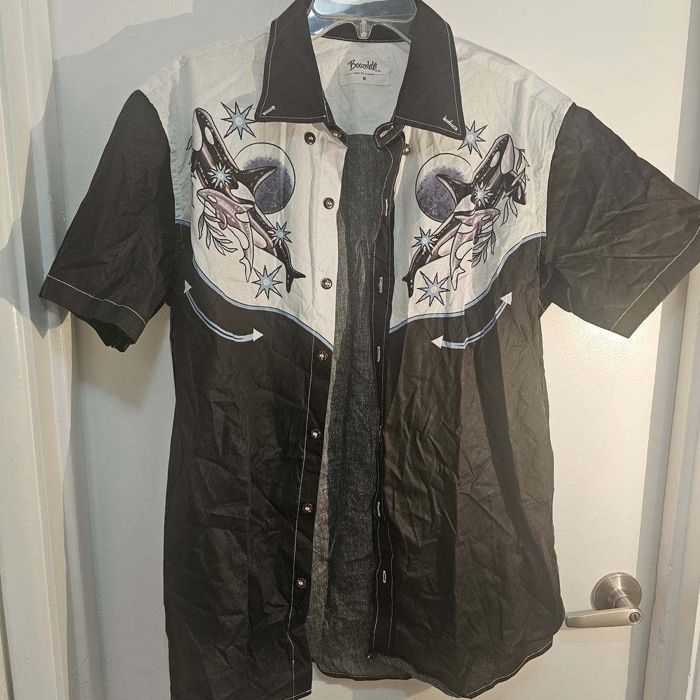 Men's Black and White Western Shirt with Embroidered Design